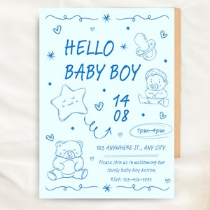 Bewerkbare babyjongen, baby shower uitnodiging, teddybeer, Hallo baby, welkom, sjabloon direct downloaden, kinderfeestje uitnodigen, gepersonaliseerd