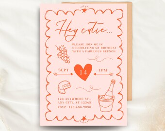 Brunch Date, Retro Birthday Invitation, Party, Digital Template, Printable, Vintage, Cute