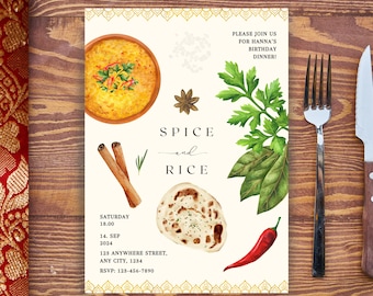 Curry Dinner Party Birthday Invitation, Wine And Dine, Asian Food, Digital Template Instant Download, Invite, Canva Printable, Personalized