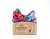 Self tie bow tie in purple, red, lilac and blue and teal abstract floral print, men's self tie bow tie in purples and blues, reds and lilac