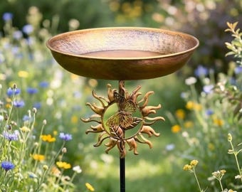 Comedero y bebedero para pájaros vintage de metal con diseño de girasol. Bebedero para pájaros para jardín exterior sobre estaca, decoración rústica para patio y césped.