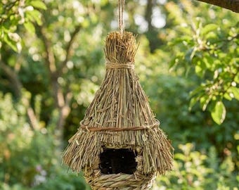 Handwoven Straw Birdhouse - Rustic Hanging Nest for Small Birds