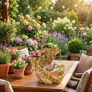 Puede incluir: Una jardinera de varios niveles con forma de tocón de árbol, llena de suculentas y pequeñas figuras, se encuentra sobre una mesa de madera. La jardinera está rodeada de plantas en macetas y un jardín con flores coloridas. Luces de cadena cuelgan.