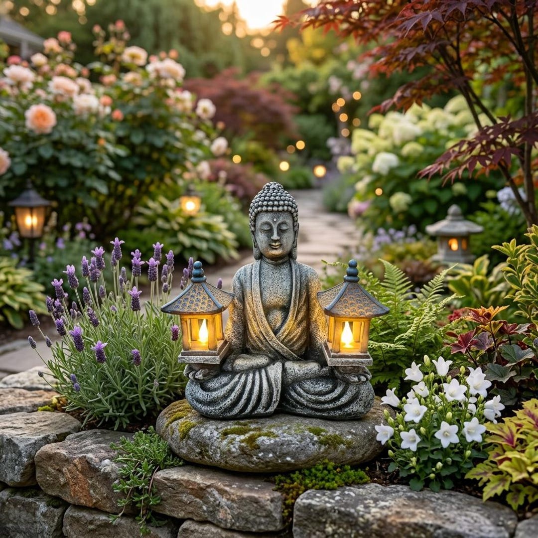 Solar Buddha Statue With LED Lanterns, Zen Garden Decor, Outdoor ...