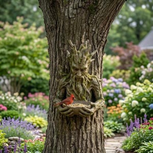 Baumgesicht-Vogelfutterhaus, rustikale Gartenskulptur, wetterfester Wildtierzubringer im Freien