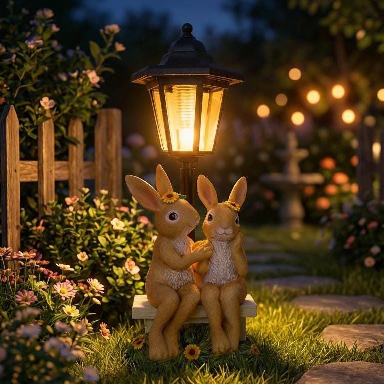 Outdoor Rabbit Bench Solar Rabbit Couple Garden Statue – Resin Bunny Bench With LED Lantern ...