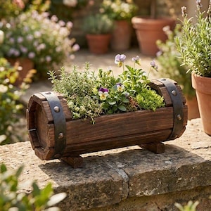 May include: A rustic wooden barrel planter filled with vibrant greenery and colorful pansies. The dark brown planter has metal bands and sits on a stone wall, showcasing a charming garden aesthetic. The planter is 24 inches long.