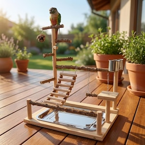 Peut inclure: Perchoir en bois pour oiseaux avec échelle, balançoires et plateau en acier inoxydable. Un perroquet vert et rouge est perché en haut. Le perchoir comprend un cône de pin suspendu.