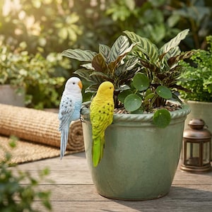 Puede incluir: Dos pájaros decorativos, uno azul claro y otro amarillo, posados en una maceta verde. La maceta contiene una planta con hojas verdes y burdeos. Los pájaros tienen plumas detalladas y picos naranjas. La maceta está sobre una superficie de madera.