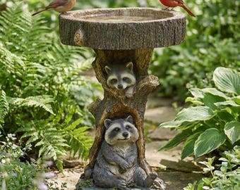アライグマ型バードバスフィーダー – 素朴な森の庭の装飾