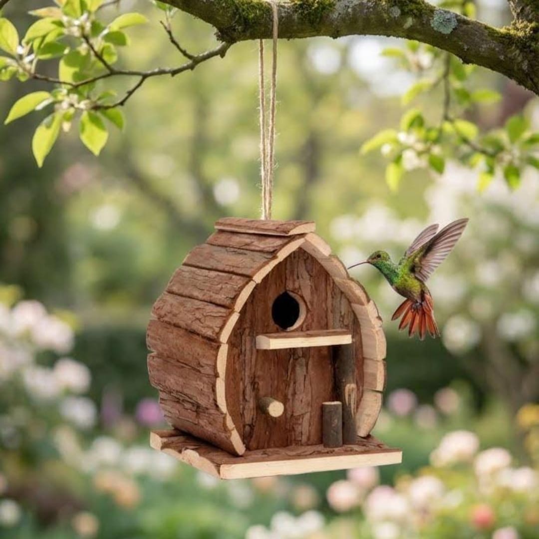 Rustic Wooden Bird House Outdoor – Natural Log Bird Shelter and Feeder ...