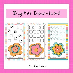 Op de afbeelding: Digitale download met drie kleurrijke grafieken in retrostijl. Eén grafiek toont dobbelstenen, een andere heeft een raster van vierkanten en de derde cirkels met nummers. Elke grafiek heeft een bloemenafbeelding aan de onderkant. De tekst "Digital Download" staat bovenaan.