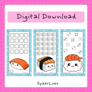 May include: Digital download featuring three illustrated cards with sushi and dice. The cards have a blue background with white sprinkles. The sushi illustrations include nigiri and rolls with cute faces. The text "Digital Download" is at the top.
