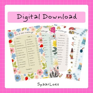 Op de afbeelding: Een digitale download met vier kleurrijke uitdagingsbladen met bloemen- en botanische illustraties. Elk blad heeft een roze kop met de tekst "Digital Download". De bladen bevatten checklists met Nederlandse tekst en de naam "SpaarLoes".