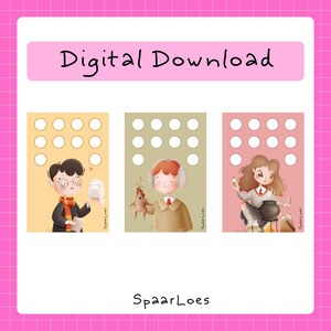 Op de afbeelding: Digitale download met drie illustraties van personages met een lichtgele, groene en roze achtergrond. Elke illustratie heeft een raster van witte cirkels. De personages houden objecten vast. De tekst "Digital Download" staat bovenaan.