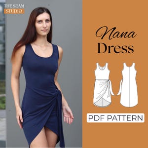 May include: A woman wearing a navy blue sleeveless dress with a wrap-style skirt and a knot detail at the waist. The image includes a diagram of the dress and the text "Nana Dress" and "PDF PATTERN". The Seam Studio logo is in the upper left corner.