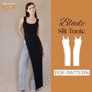 May include: A black sleeveless Blade Slit Tunic. The tunic has a square neckline and a high side slit. The image also includes a PDF pattern graphic and the text "The Seam Studio".