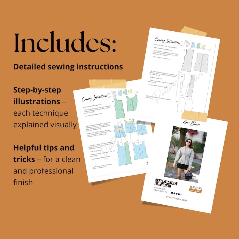 Puede incluir: Un conjunto de instrucciones de patrones de costura y un tutorial ilustrado, asegurados con cinta adhesiva. Los documentos presentan instrucciones detalladas, ilustraciones paso a paso y consejos &uacute;tiles para un acabado profesional. El tutorial es para un Anna Blazer.