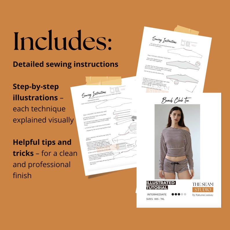 May include: An illustrated sewing tutorial for a "Beach Club Tee" with detailed instructions, step-by-step illustrations, and helpful tips. The tutorial includes a photo of a woman wearing a striped top and shorts. The text reads "The Seam Studio by Pattern Couture."