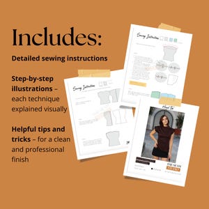 May include: A collection of sewing instructions and illustrations, including a photo of a woman wearing a top. The documents are taped to a brown surface and include the text "Includes: Detailed sewing instructions, Step-by-step illustrations, Helpful tips and tricks."