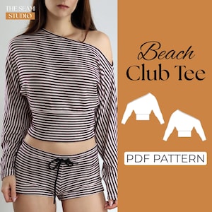 Puede incluir: Un top de manga larga a rayas blancas y negras con diseño asimétrico y shorts a juego. La imagen incluye el texto "Beach Club Tee" y "PDF Pattern".
