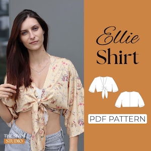 May include: A peach-coloured floral tie-front shirt. The shirt features a pattern of pink and red flowers. The text "Ellie Shirt" is displayed on a brown background, along with a PDF pattern graphic.