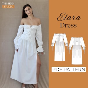 Può includere: Abito bianco con spalle scoperte, maniche lunghe e spacco alto. L'abito presenta un corpetto in stile corsetto ed è etichettato "Elara Dress" con un grafico del modello PDF. Il logo The Seam Studio è in alto a sinistra.