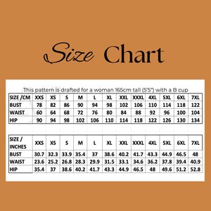 May include: A size chart with bust, waist, and hip measurements in centimeters and inches. The chart is for a woman 165cm (5'5") tall with a B cup. The chart includes sizes from XXS to 7XL.