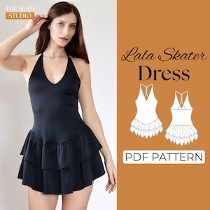 May include: Black halter skater dress with a tiered skirt. The dress has a V-neckline and is shown on a model. The image includes the text "Lala Skater Dress" and "PDF PATTERN". The Seam Studio logo is in the upper left corner.