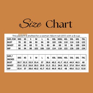 Pode incluir: Uma tabela de tamanhos com fundo castanho e texto preto intitulada Size Chart. Inclui uma nota indicando que o padr&atilde;o &eacute; projetado para uma altura de 165 cm (5'5") com copa B. Duas tabelas fornecem medidas de busto, cintura e quadril em cm e polegadas.