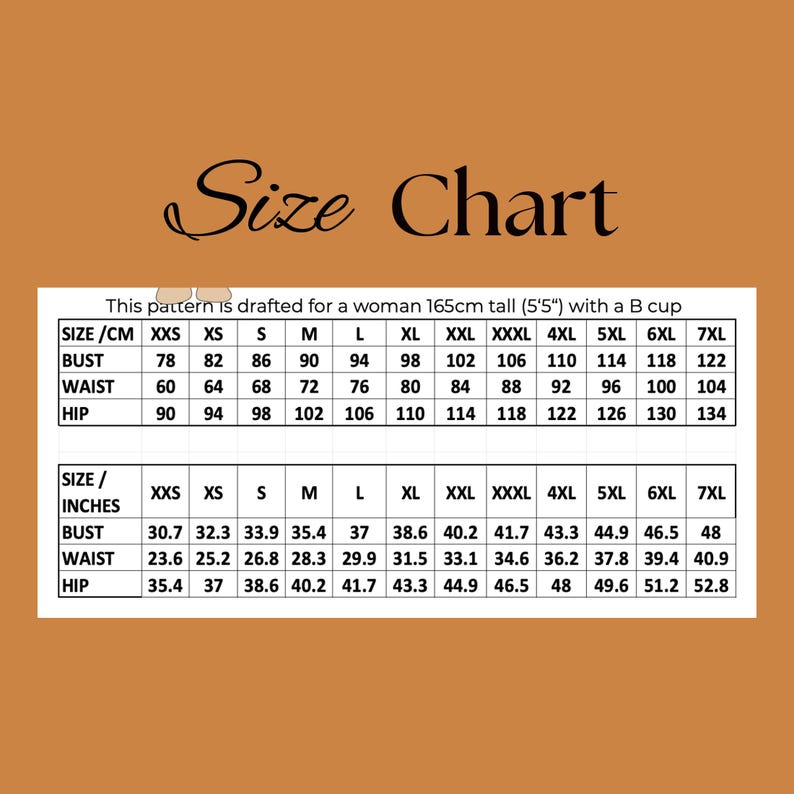 Pode incluir: Uma tabela de tamanhos com fundo castanho e texto preto intitulada Size Chart. Inclui uma nota indicando que o padr&atilde;o &eacute; projetado para uma altura de 165 cm (5'5") com copa B. Duas tabelas fornecem medidas de busto, cintura e quadril em cm e polegadas.