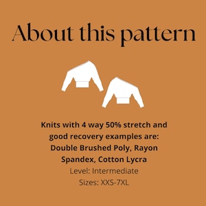 May include: An orange background with the text "About this pattern" in black. Two white shirt illustrations are above the text. Below the text are details about the pattern, including fabric suggestions, level, and sizes.