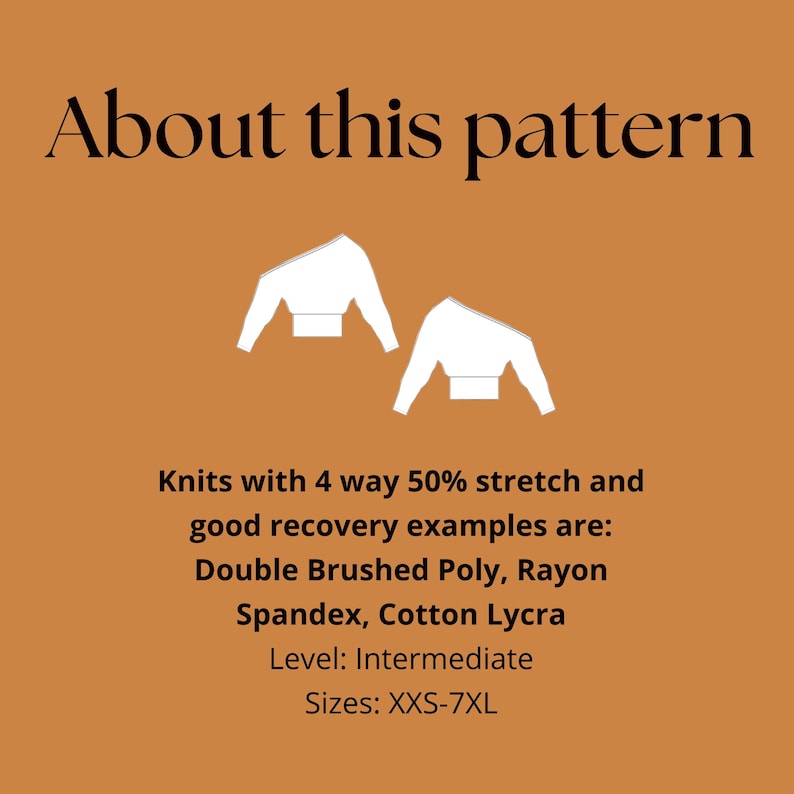 May include: An orange background with the text "About this pattern" in black. Two white shirt illustrations are above the text. Below the text are details about the pattern, including fabric suggestions, level, and sizes.