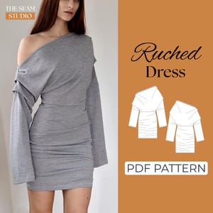 May include: A gray, ruched dress with an off-the-shoulder design and long sleeves. The dress features a fitted silhouette and a gathered, textured appearance. The image also includes a pattern illustration and the text "PDF PATTERN".