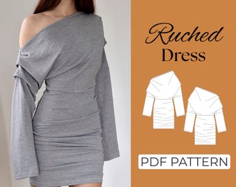 Ruched Dress Sewing Pattern | Long Sleeve Off Shoulder Dress | Pattern + Detailed Illustrated Instruction | XXS - 7XL | A0, A4 & US-Letter