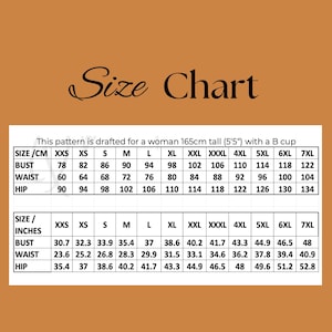 May include: A size chart with bust, waist, and hip measurements in centimeters and inches. The chart is for a woman 165cm (5'5") tall with a B cup. The chart includes sizes from XXS to 7XL.