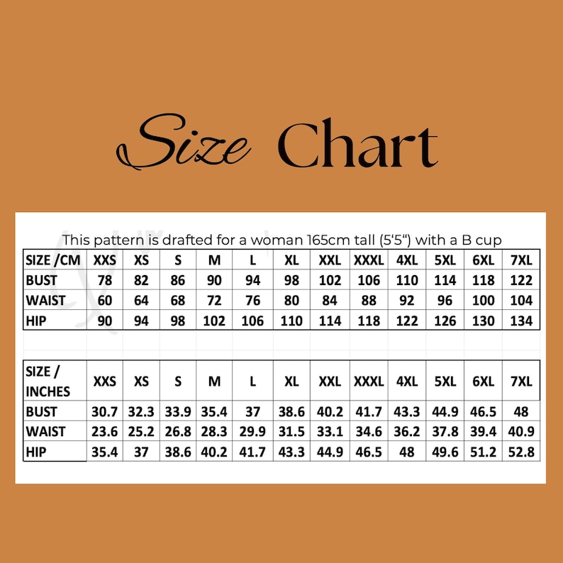 May include: A size chart with bust, waist, and hip measurements in centimeters and inches. The chart is for a woman 165cm (5'5") tall with a B cup. The chart includes sizes from XXS to 7XL.