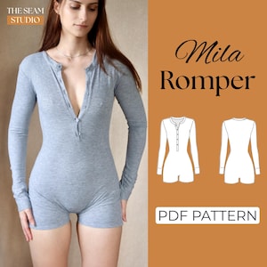 May include: A light gray romper with long sleeves and a button-down front. The text "Mila Romper" is displayed in elegant script, with "PDF PATTERN" below. The Seam Studio logo is in the upper left corner.