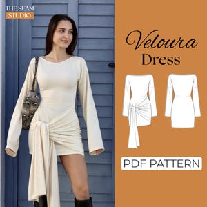 Könnte beinhalten: Ein cremefarbenes Kleid mit langen Ärmeln und einem drapierten Knotendetail an der Taille. Das Kleid wird an einer Person und auch als Schnittmusterillustration gezeigt. Der Text "Veloura Dress" und "PDF PATTERN" sind sichtbar.