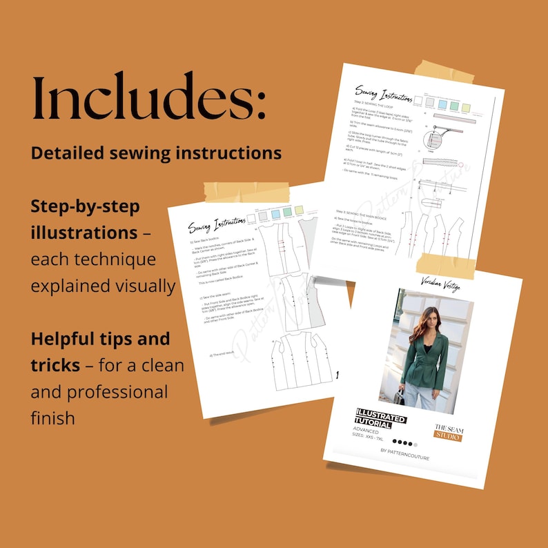May include: A collection of sewing instructions and an illustrated tutorial. The documents include detailed instructions, step-by-step illustrations, and helpful tips for a professional finish. The text includes "Includes: Detailed sewing instructions" and "Illustrated Tutorial".