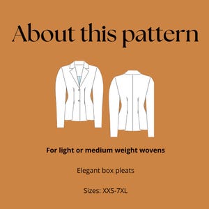 Puede incluir: Ilustraci&oacute;n de un patr&oacute;n de blazer con vistas delantera y trasera. El texto dice "About this pattern", "For light or medium weight wovens", "Elegant box pleats" y "Sizes: XXS-7XL". El fondo es de un tono c&aacute;lido.