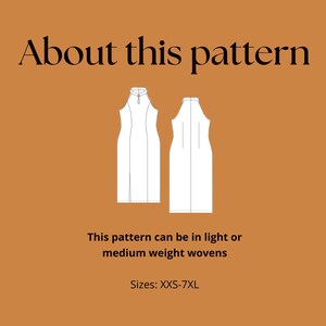 K&ouml;nnte beinhalten: Illustration eines wei&szlig;en Kleidermusters mit Neckholder-Ausschnitt, von vorne und hinten gezeigt. Der Text "About this pattern" steht oben. Der Text "This pattern can be in light or medium weight wovens" und "Sizes: XXS-7XL" sind ebenfalls enthalten.