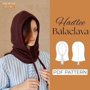 Può includere: Passamontagna marrone scuro a coste con coulisse. Il testo "Hadlee Balaclava" e "PDF Pattern" sono visibili. Il logo The Seam Studio si trova nell'angolo in alto a sinistra.