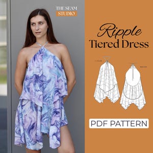以下が含まれることがあります： The Seam StudioのRipple Tiered DressのPDFパターン。紫、青、白のマーブル模様の生地を使用したホルターネックデザインのドレスです。画像には、ドレスの前面と背面の様子を示すテクニカルラインドローイングが含まれています。