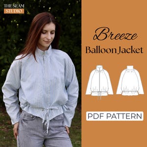 May include: A light blue and white striped balloon jacket with a high collar, long sleeves, and a drawstring waist. The image includes the text The Seam Studio, Breeze Balloon Jacket, and PDF Pattern, alongside a technical line drawing of the jacket.