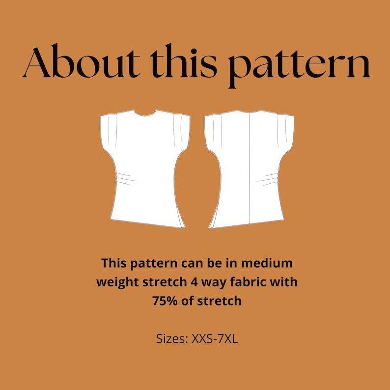 May include: An orange background with the text "About this pattern". Two white shirt outlines are displayed. The text below reads "This pattern can be in medium weight stretch 4 way fabric with 75% of stretch. Sizes: XXS-7XL."