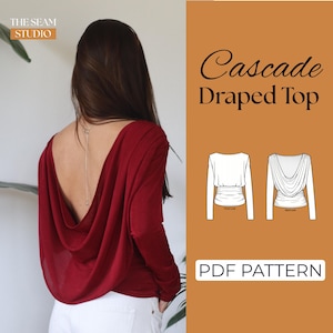 Może przedstawiać: Ciemnoczerwony top z długim rękawem i głębokim, drapowanym dekoltem na plecach. Obraz zawiera tekst The Seam Studio, Cascade Draped Top oraz PDF Pattern, a także rysunek techniczny przedstawiający przód i tył tego elementu garderoby.
