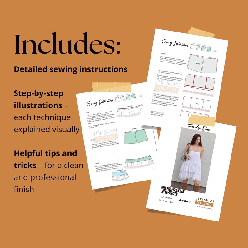Pode incluir: Um tutorial de molde de costura para um vestido de renda em camadas, com folhas de instru&ccedil;&otilde;es impressas contendo diagramas passo a passo, texto e uma fotografia da pe&ccedil;a finalizada. Os documentos incluem instru&ccedil;&otilde;es de costura e dicas.