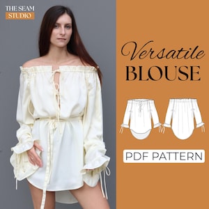 Può includere: Blusa color crema con spalle scoperte, maniche lunghe e scollatura annodata. La blusa ha una vita stretta e polsini arricciati. L'immagine include anche un disegno a tratto della blusa e il testo "Versatile BLOUSE" e "PDF PATTERN".