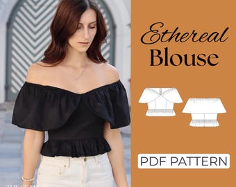 Off Shoulder Ruffle Top Sewing Pattern | Flounce Blouse | Pattern + Detailed Illustration Instruction | XXS - 7XL | A0, A4 & US-Letter